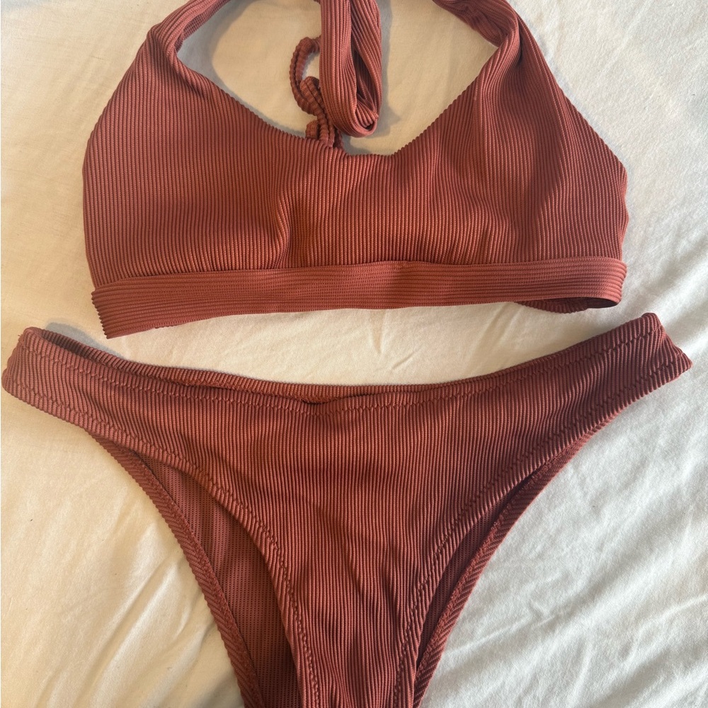 Zaful Terracotta Ribbed Bikini Set